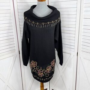 Vintage Victoria Jones 90s Floral Beaded Cowl Neck Tunic Sweater Black‎ Medium